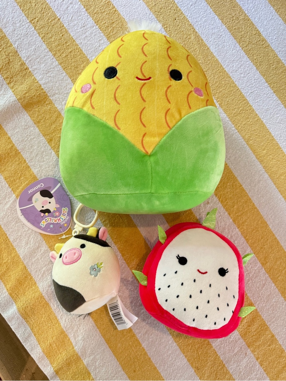 Squishmallow bundle - Corn, Dragonfruit, and Cow keychain NWT